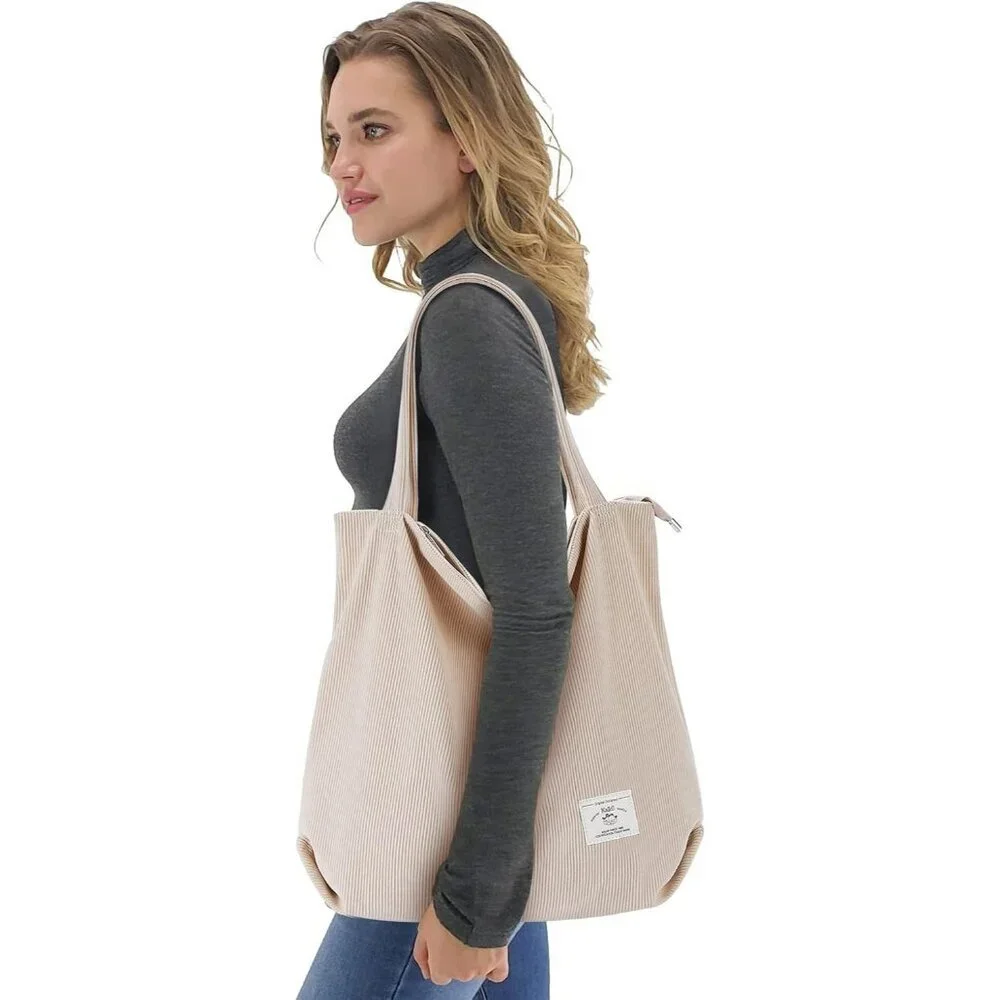 Women Corduroy Zipper Casual Tote Big Capacity Bag with Pockets - Picture 2 of 9